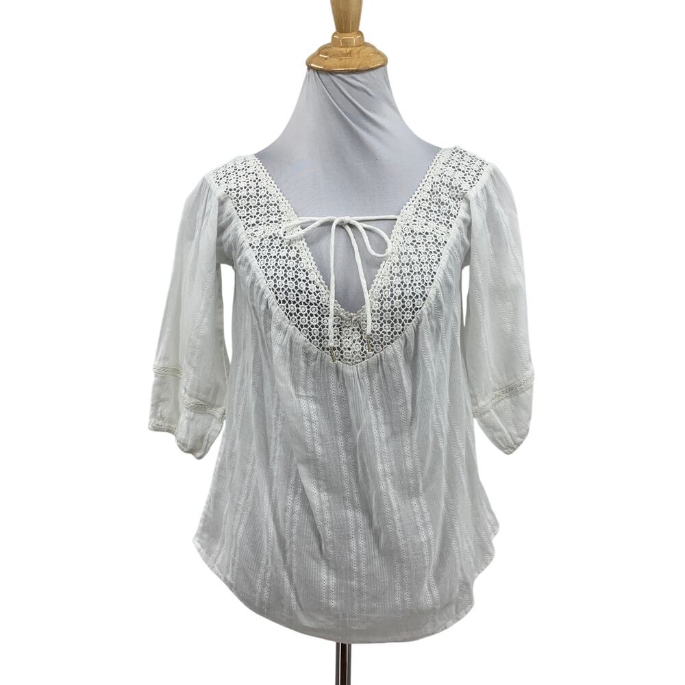 Paige Blouse Womens Extra Small White Polly Sheer Crochet Adjustable Drawstring